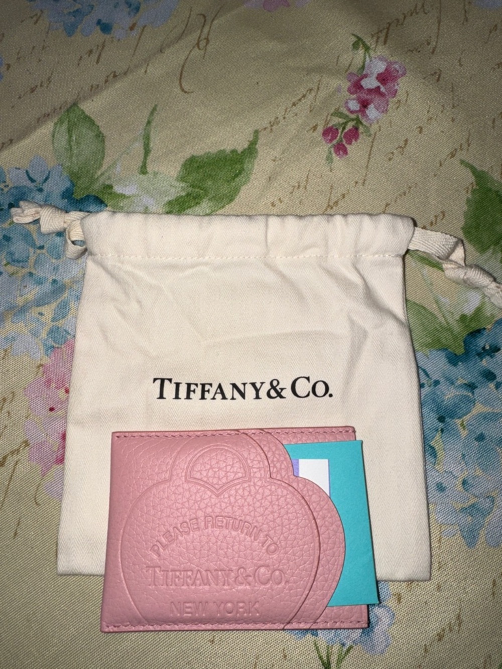 Tiffany & Co. Pink Embossed Leather Card Case with Pouch